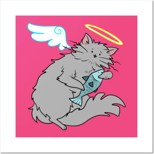 Fluffy Gray Cat Angel Posters and Art